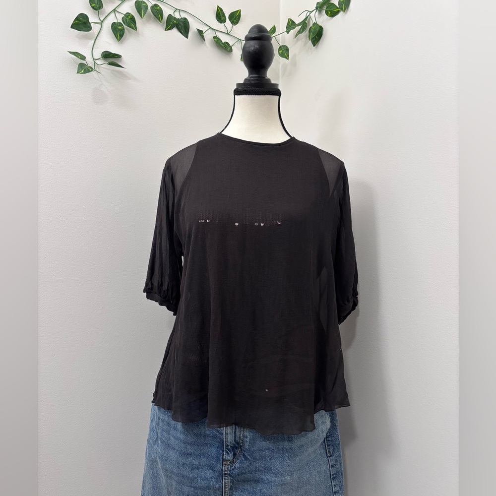 Elie Tahari | Short Sleeve Blouse | Size Small | Black/Brown | 100% Silk